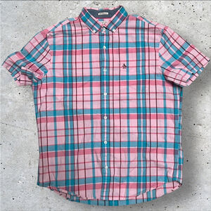 Penguin by Munsingwear Men’s Heritage Slim Fit Pink & Teal Plaid Shirt, Size Lg